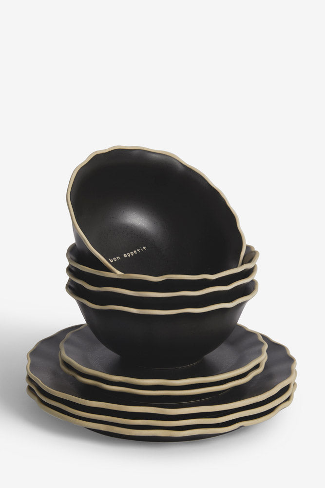 Service de table Bon Apetit 12 pièces à bords noirs et blanc cassé