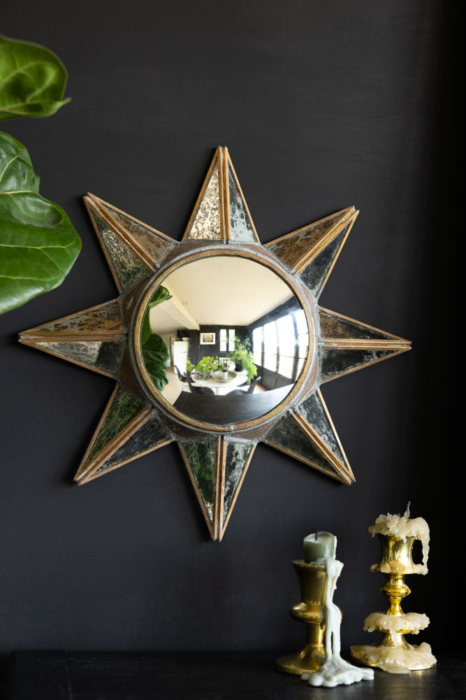 Miroir mural convexe soleil doré vieilli