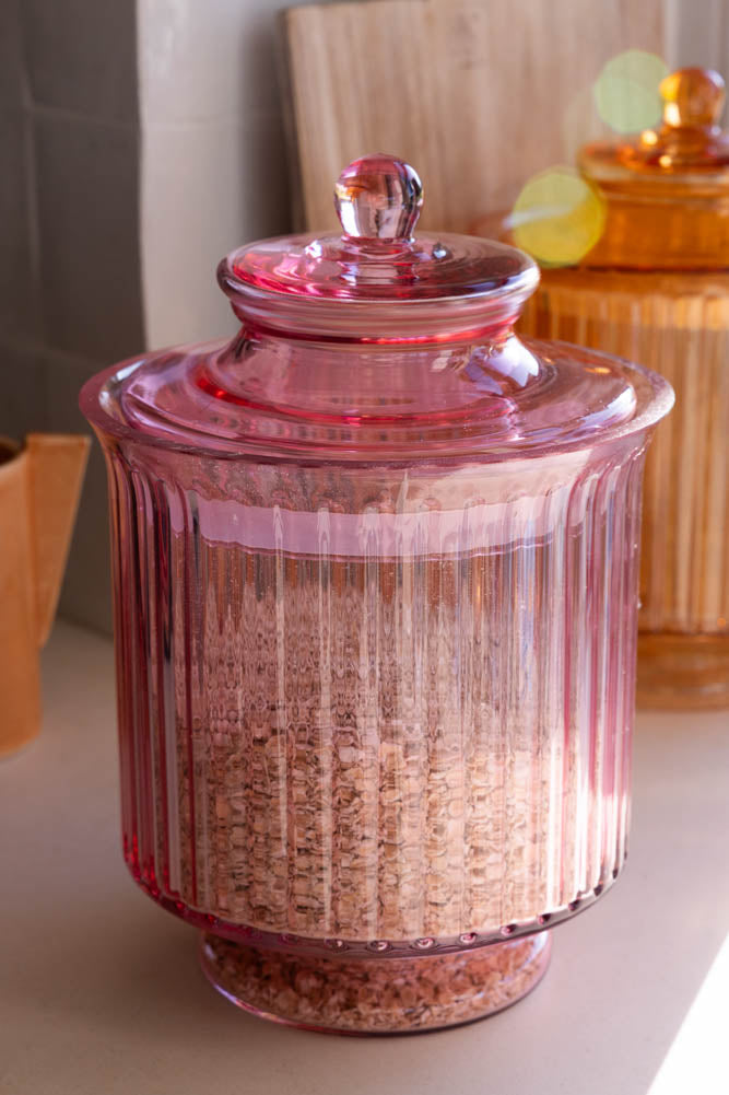 Élégant bocal de rangement en verre côtelé rose