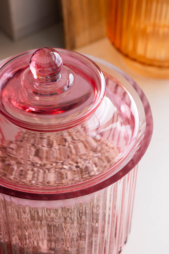 Élégant bocal de rangement en verre côtelé rose